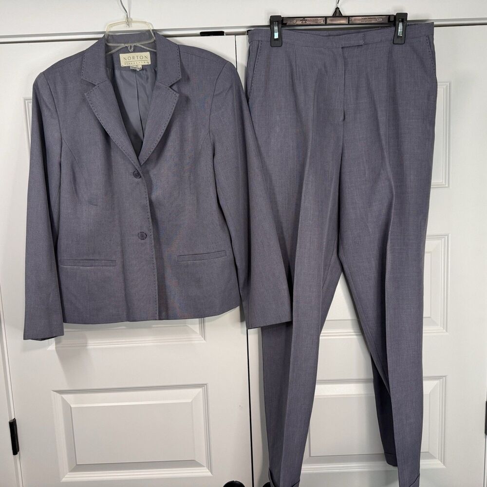 Norton McNaughton Women's Pant Suit Set Blue Gray Blazer 12 Trousers Pants 14